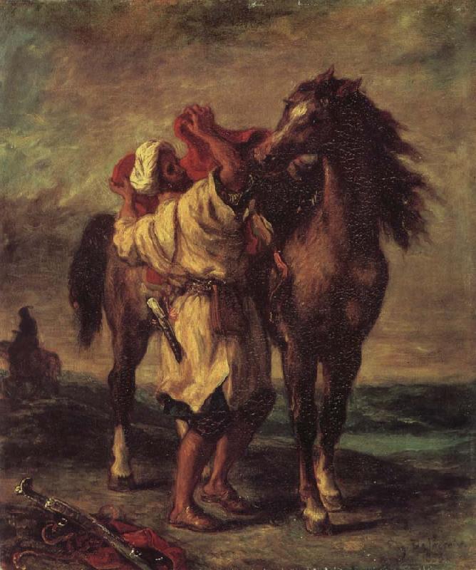 Eugene Delacroix Moroccan in the Sattein of its horse